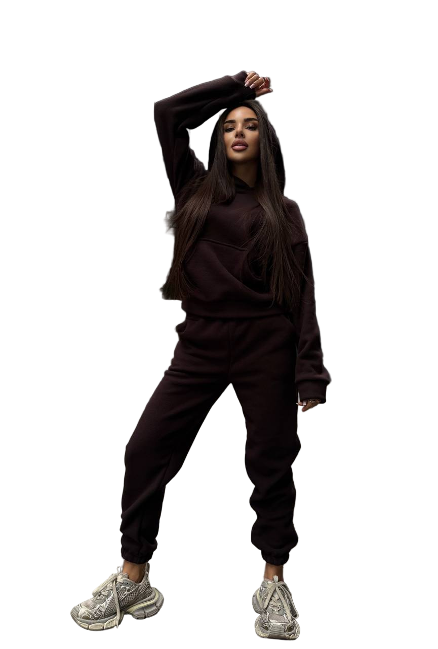 Womens Warm Polar Fleece Tracksuit Dark Brown Hooded Jogger Set