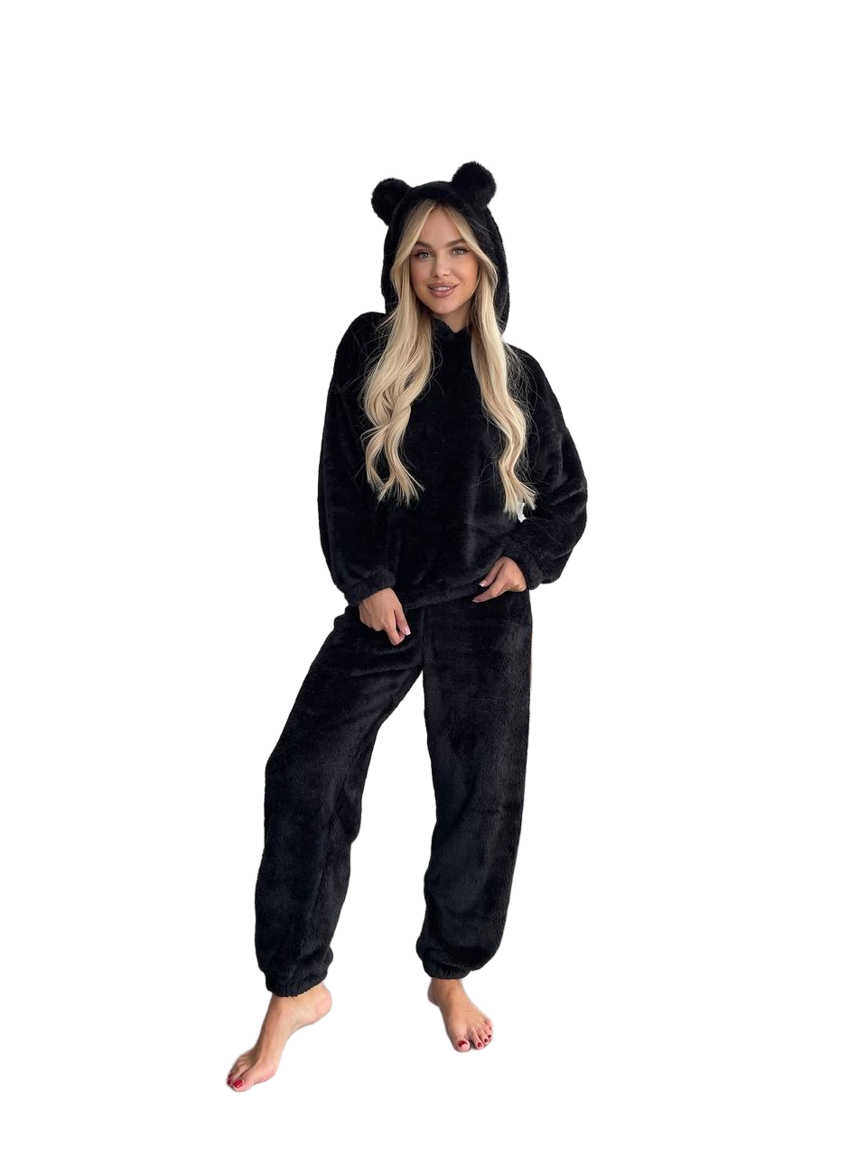Black Hooded Pajama Set Double Sided Terry Cozy Home Loungewear