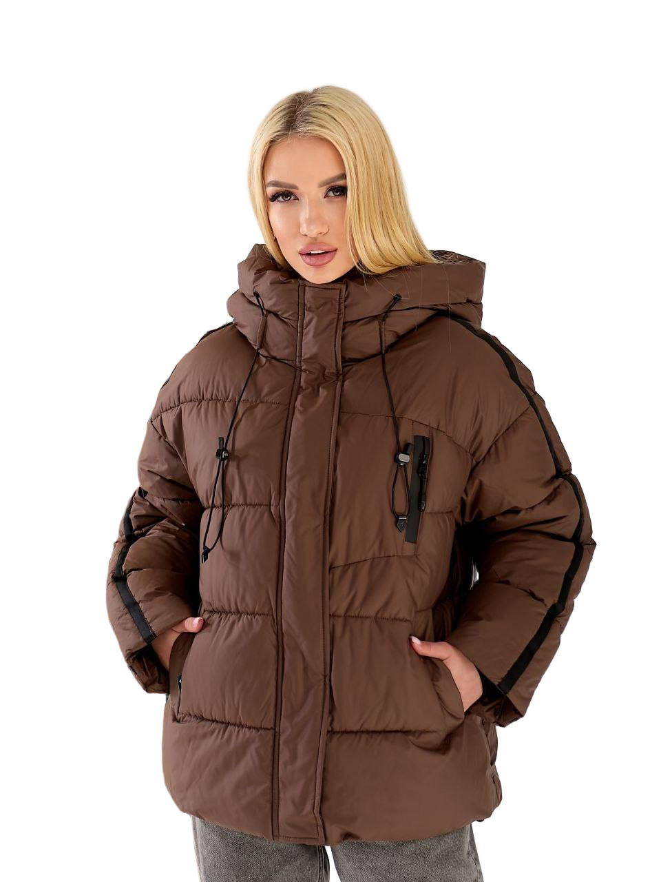 Women s Brown Hooded Puffer Winter Jacket Oversized Insulated Polyester