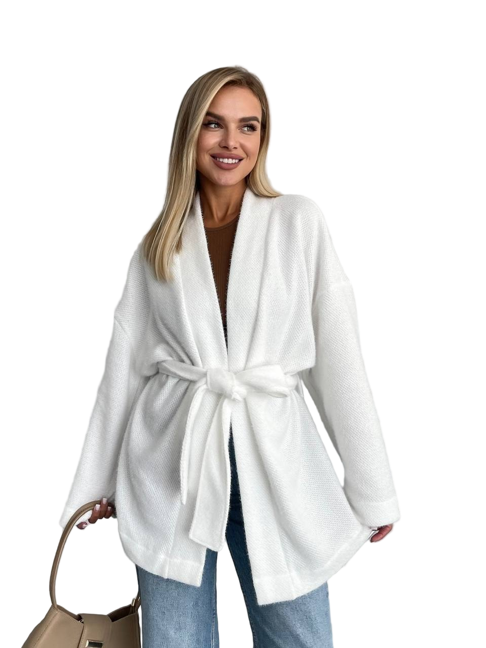 White Fluffy Angora Belted Cardigan Oversized Shawl Collar