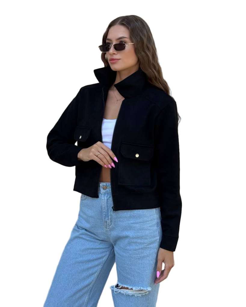 Stylish Black Suede Bomber Jacket with Zip and Pockets