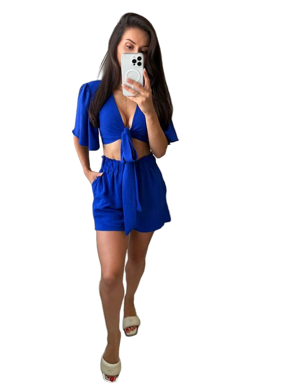 Lightweight Blue Two-Piece Set Top and Shorts Summer Outfit