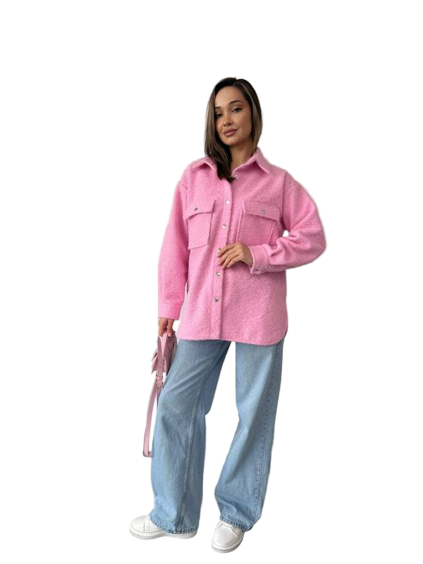 Stylish Pink Women's Boucle Wool Shirt Jacket