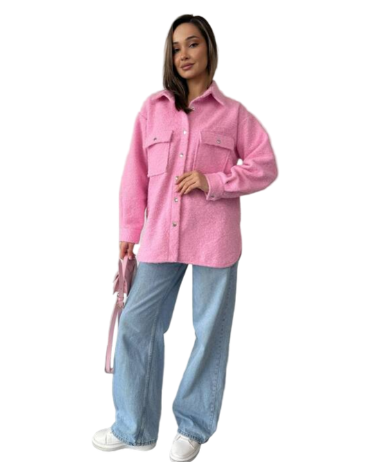 Stylish Pink Women's Boucle Wool Shirt Jacket