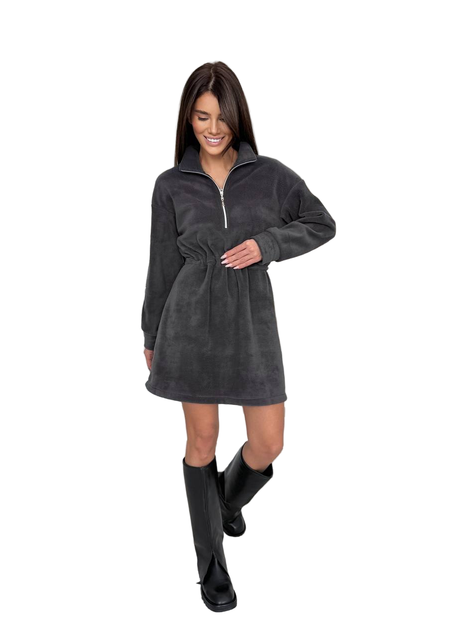 Warm Polar Fleece Dress Charcoal Half Zip Cozy Autumn Dress