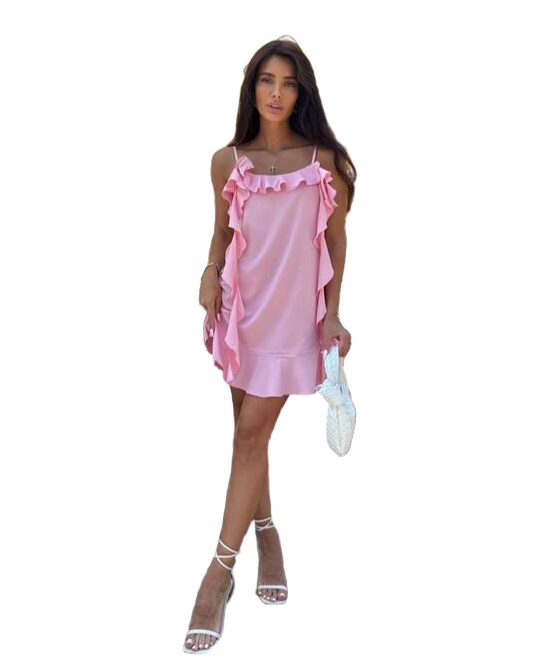 Pink Mini Dress with Adjustable Straps and Ruffles