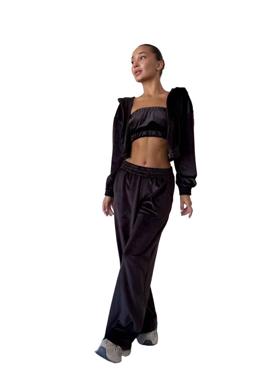 Black Velour Three-Piece Suit Set Women Tracksuit with Hooded Jacket and Crop Top