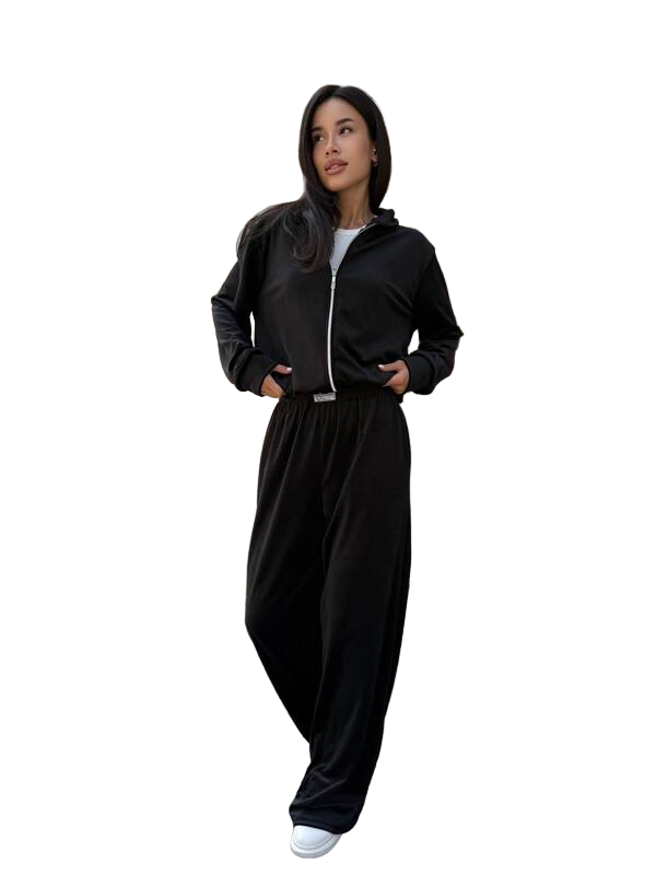 Black Velour Tracksuit with Zip Hoodie and Palazzo Pants