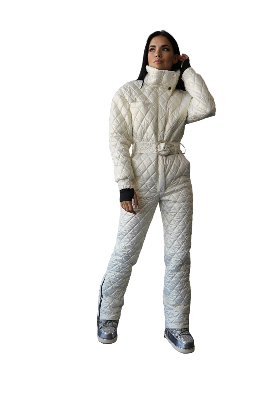 Quilted Overall High Collar Ivory Water Repellent Shiny Fabric Insulated Ski Suit Women