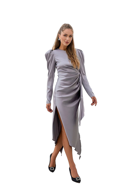 Steel Satin Ruched Midi Dress Puff Sleeve Elegant Evening Dress