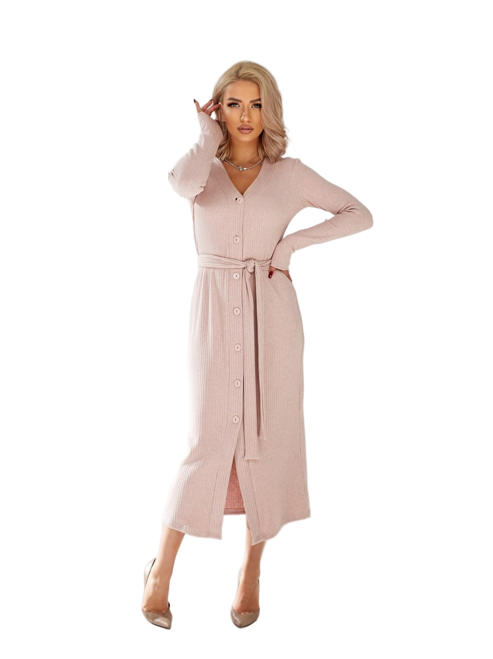 Woman wearing a long light pink dress on a white background