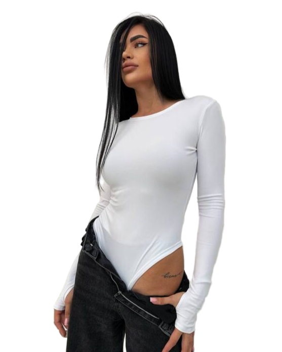 White Long Sleeve Microdiving Bodysuit Women Basic Stretch Shirt