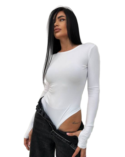 White Long Sleeve Microdiving Bodysuit Women Basic Stretch Shirt