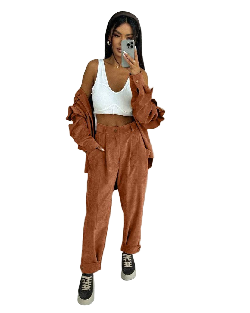 Stylish Corduroy Two-Piece Set with Ruffle Shirt and Buttoned Pants