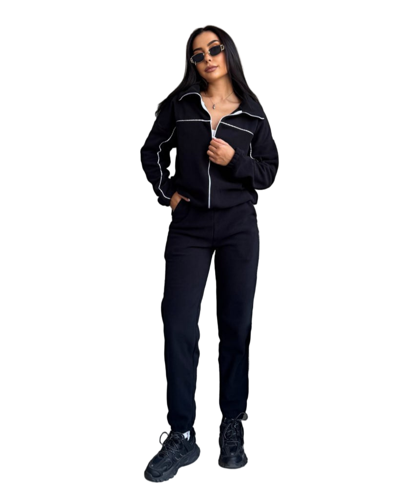 Black Turkish Fleece Tracksuit Womens Zip Jacket and Joggers Piped Trim