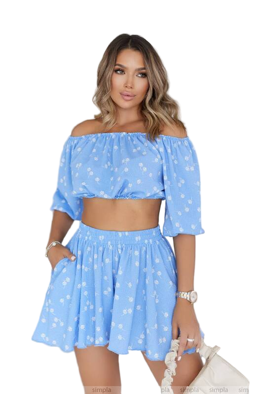 Women Light Blue Floral Off-Shoulder Crop Top and Skirt Set