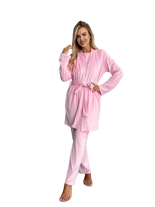 Women Pink Velour Loungewear Set 3 Piece Robe Top Pants Cozy Homewear