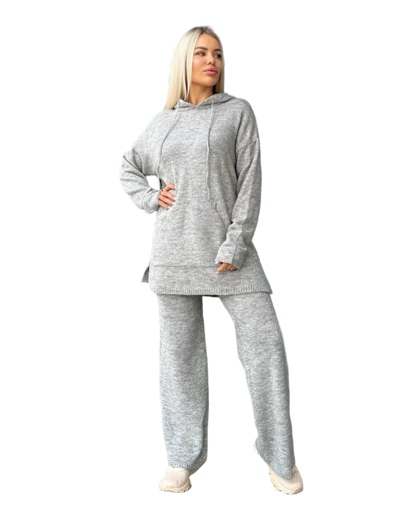 Grey Knitted Two Piece Set Hoodie and Wide Leg Pants Knit Loungewear