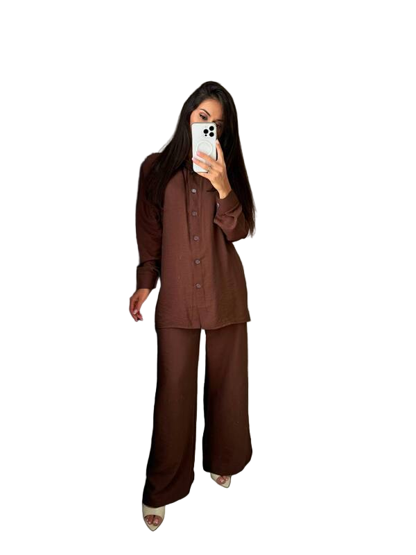 Brown Two-Piece Linen Suit with Button-Up Shirt and Wide Leg Pants