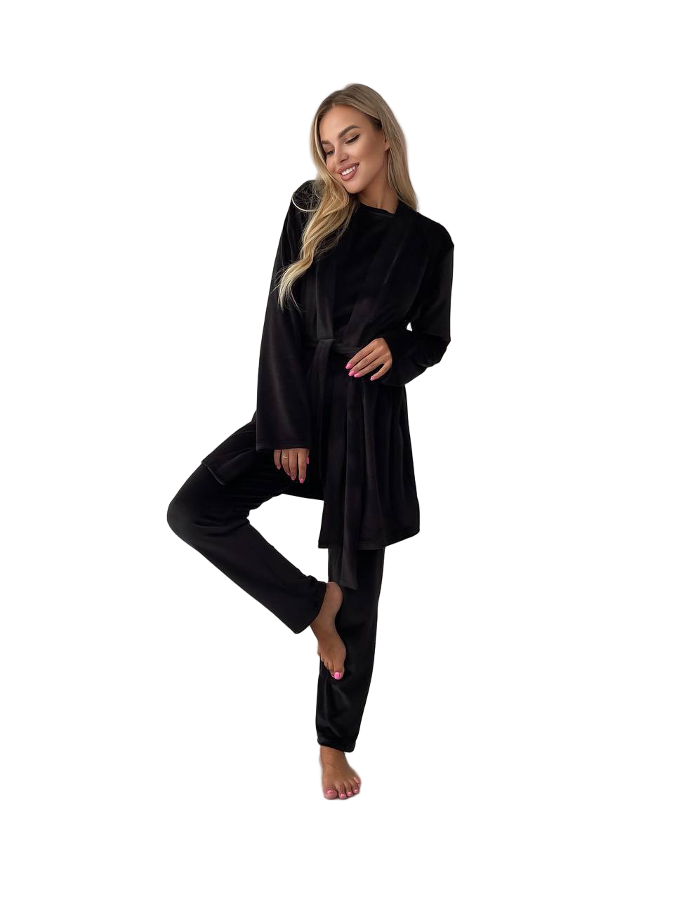 Black Velour Loungewear 3 Piece Set Robe Top and Pants