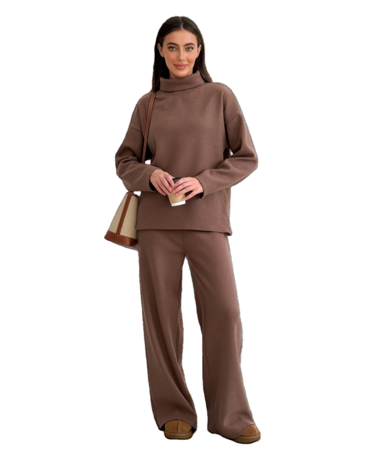 Brown Oversized Sweater and High Waist Wide Leg Pants Set Turkish Cotton Knit Loungewear