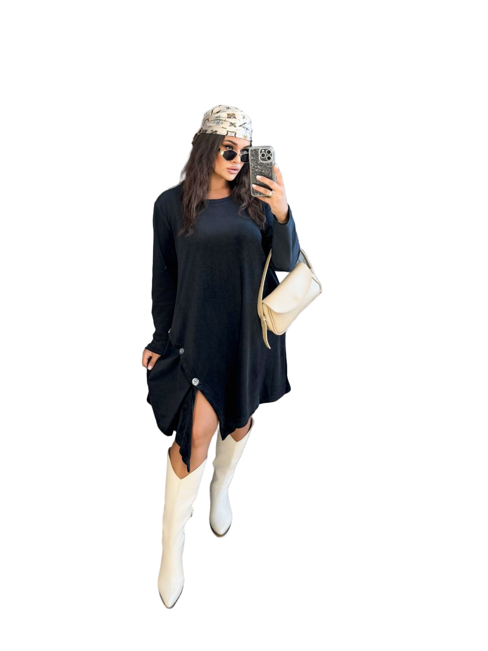 Black Velour A Line Trapeze Dress Oversized Long Sleeve Casual Tunic