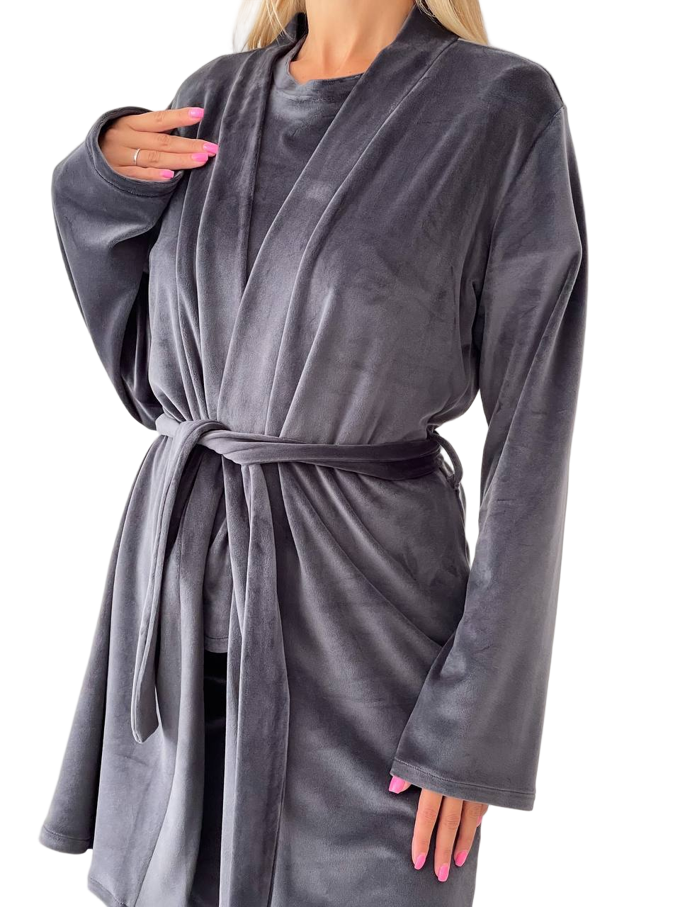 Gray robe worn by a person on a white background