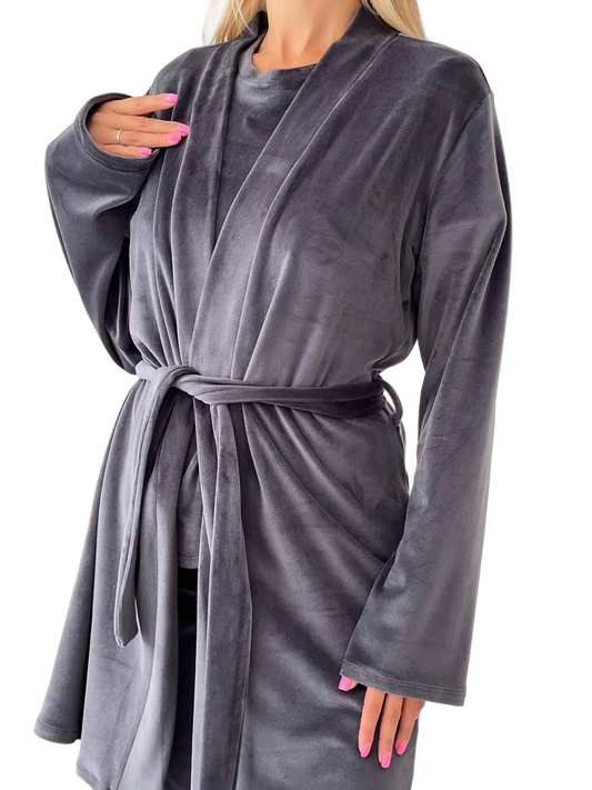 Gray robe worn by a person on a white background