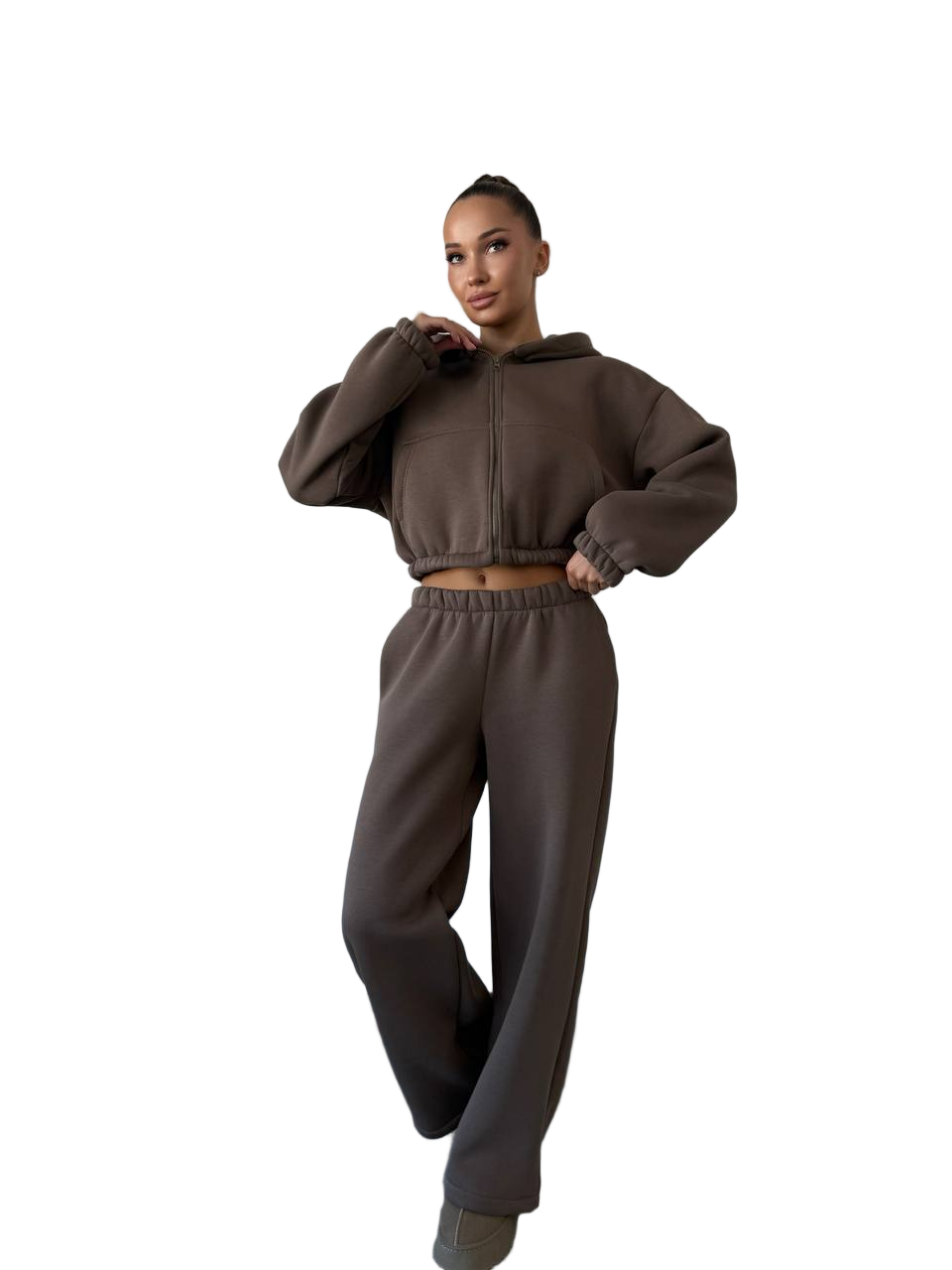 Brown Fleece Tracksuit Women Zip Cropped Hoodie Wide Leg Pants Warm Autumn Winter