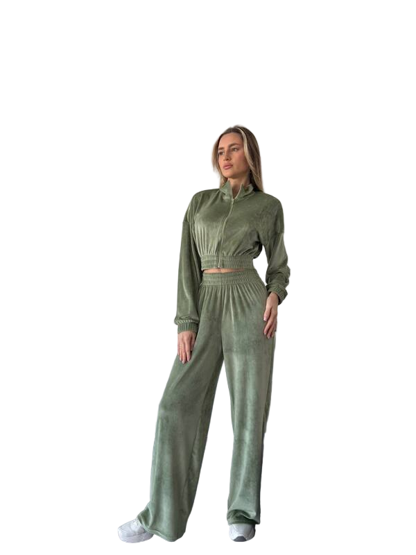 Premium Velour Tracksuit in Soft Olive Green