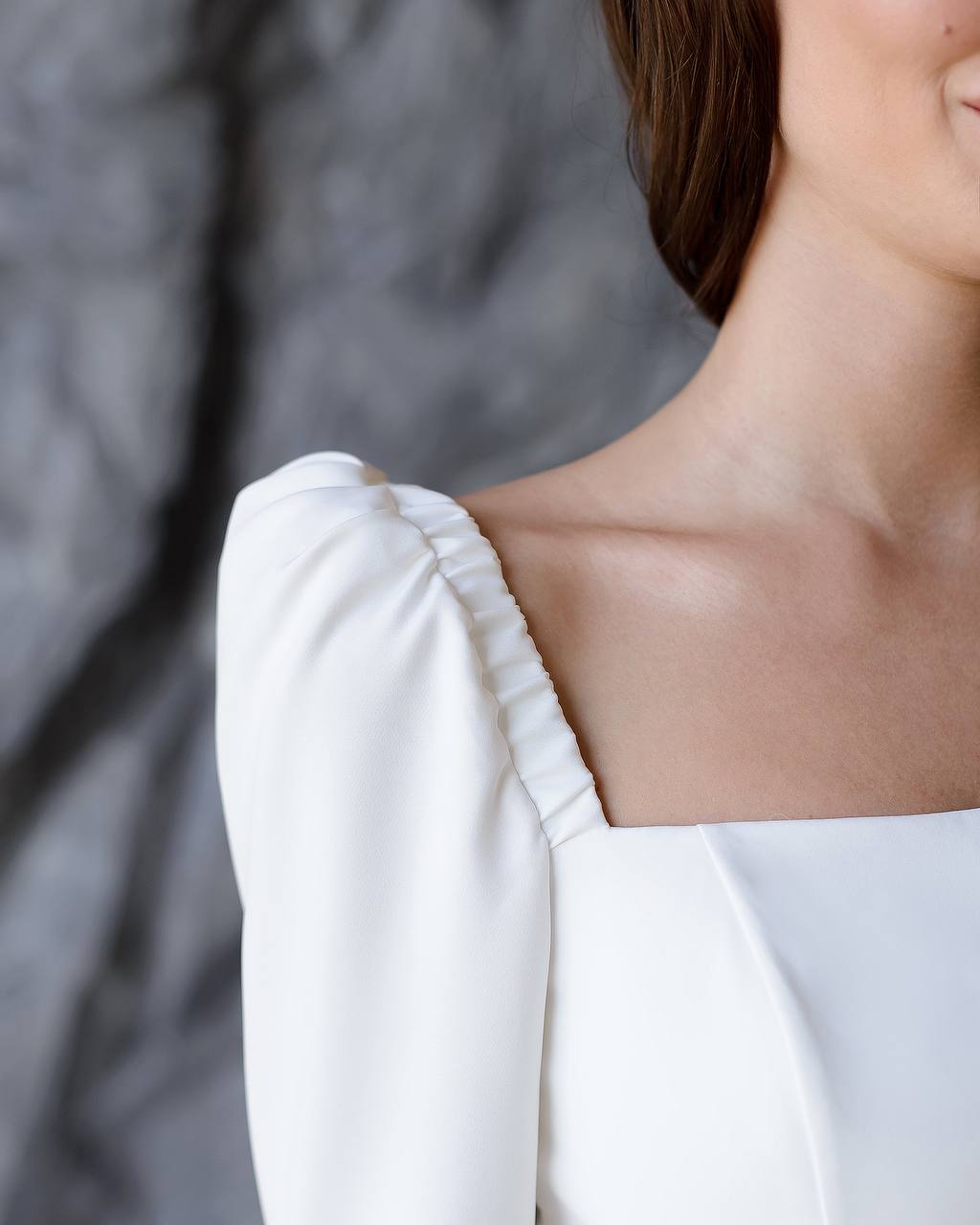 Elegant Off Shoulder Mini Dress in Premium Diagonal Crepe