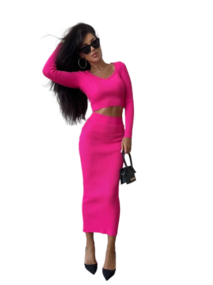 Amelie Women's Ribbed Knitted Two-Piece Suit Long Sleeve Crop Top and Midi Skirt