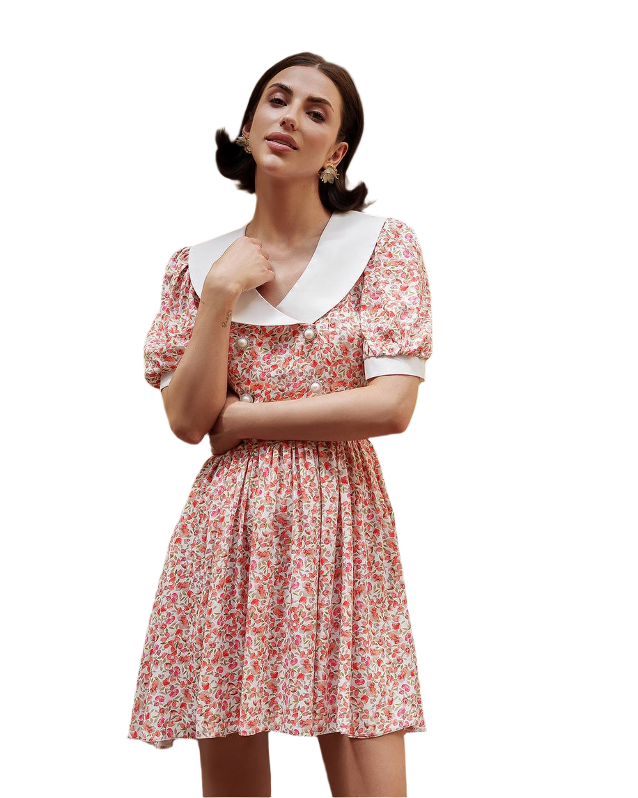 Short Floral Print Dress with Cotton Collar and Puff Sleeves