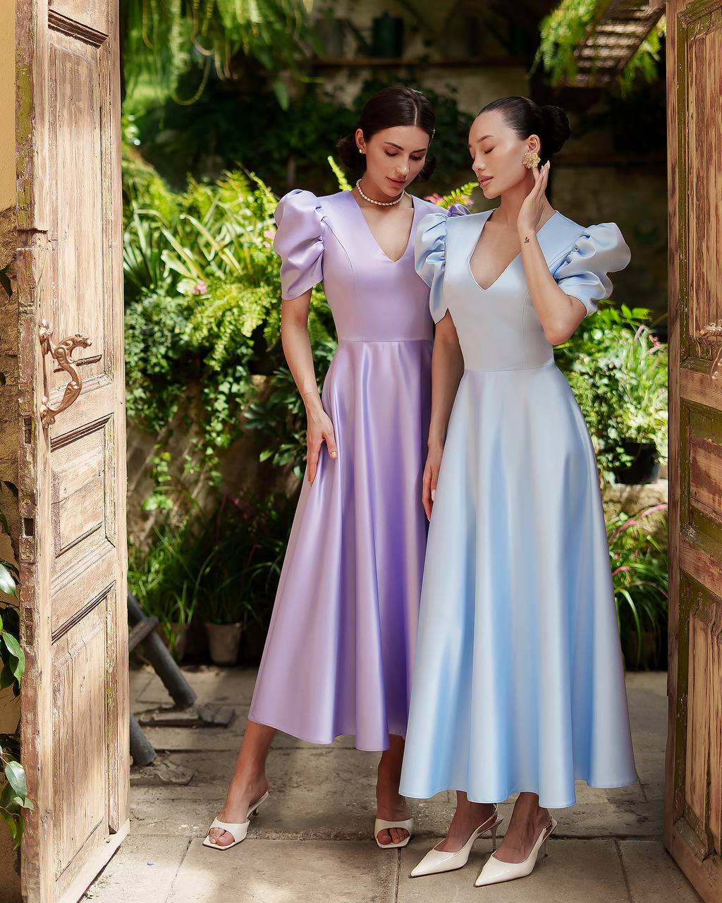 Elegant Puff Sleeve Satin Midi Dress in Lavender