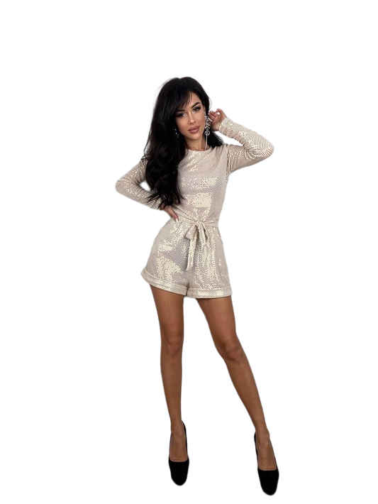 Elegant Women Jumpsuit with Long Sleeves and Belt in Gold