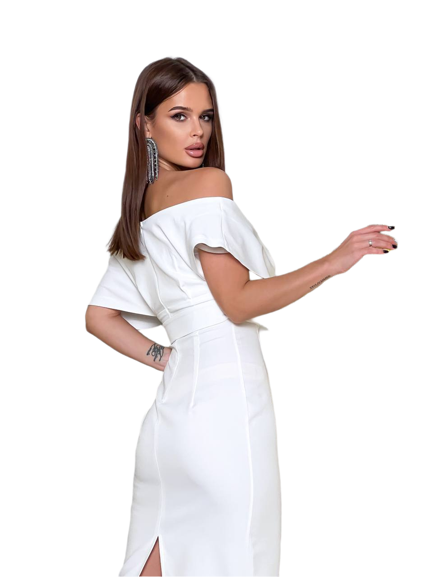 Woman wearing a white off-shoulder dress on a white background