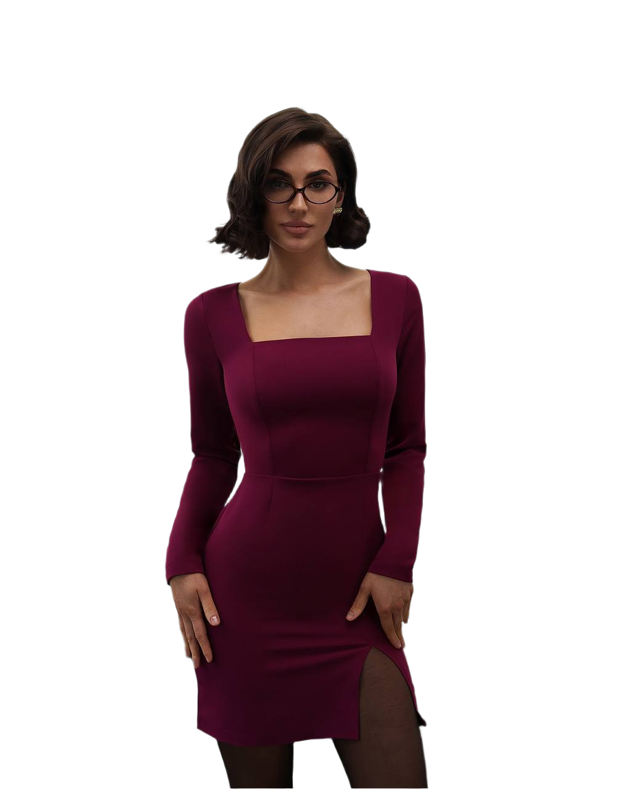 Elegant Burgundy Mini Dress with Square Neckline and Long Sleeves