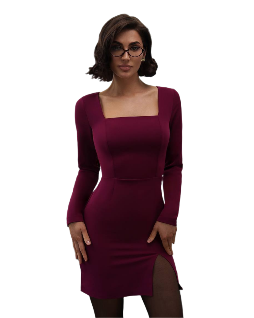 Elegant Burgundy Mini Dress with Square Neckline and Long Sleeves