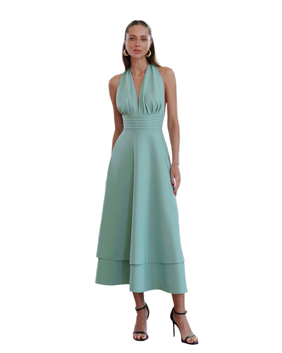 Elegant Halter Neck Midi Dress in Premium Diagonal Suiting Crepe