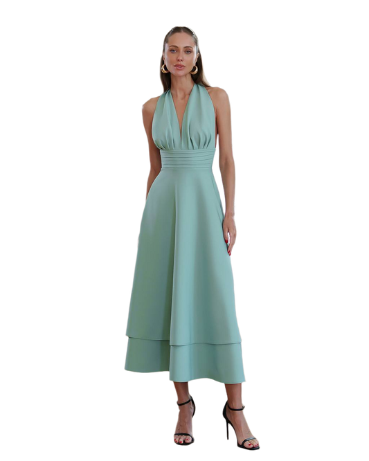 Elegant Halter Neck Midi Dress in Premium Diagonal Suiting Crepe