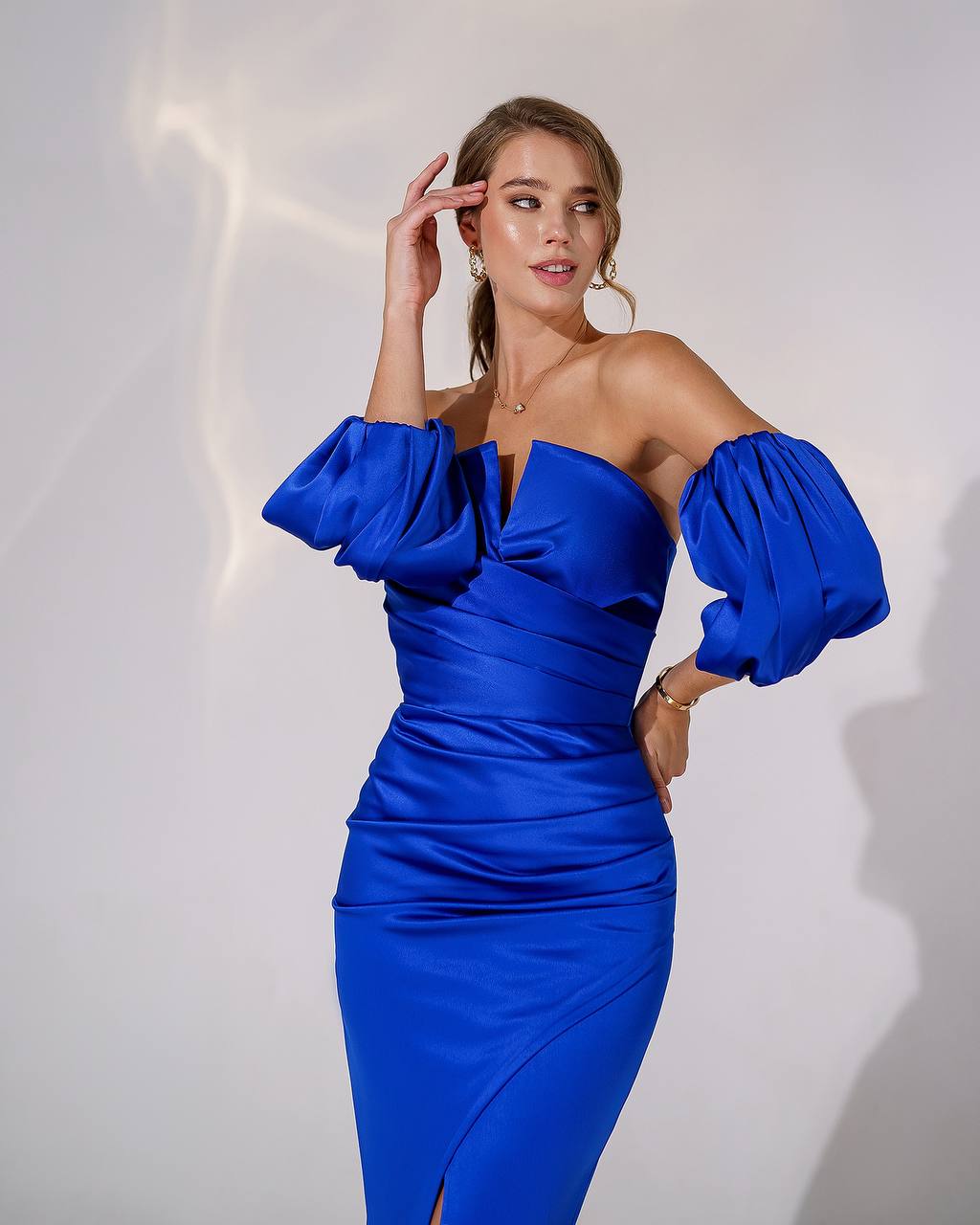 Royal Satin Midi Dress with Puff Sleeves in Electric Blue