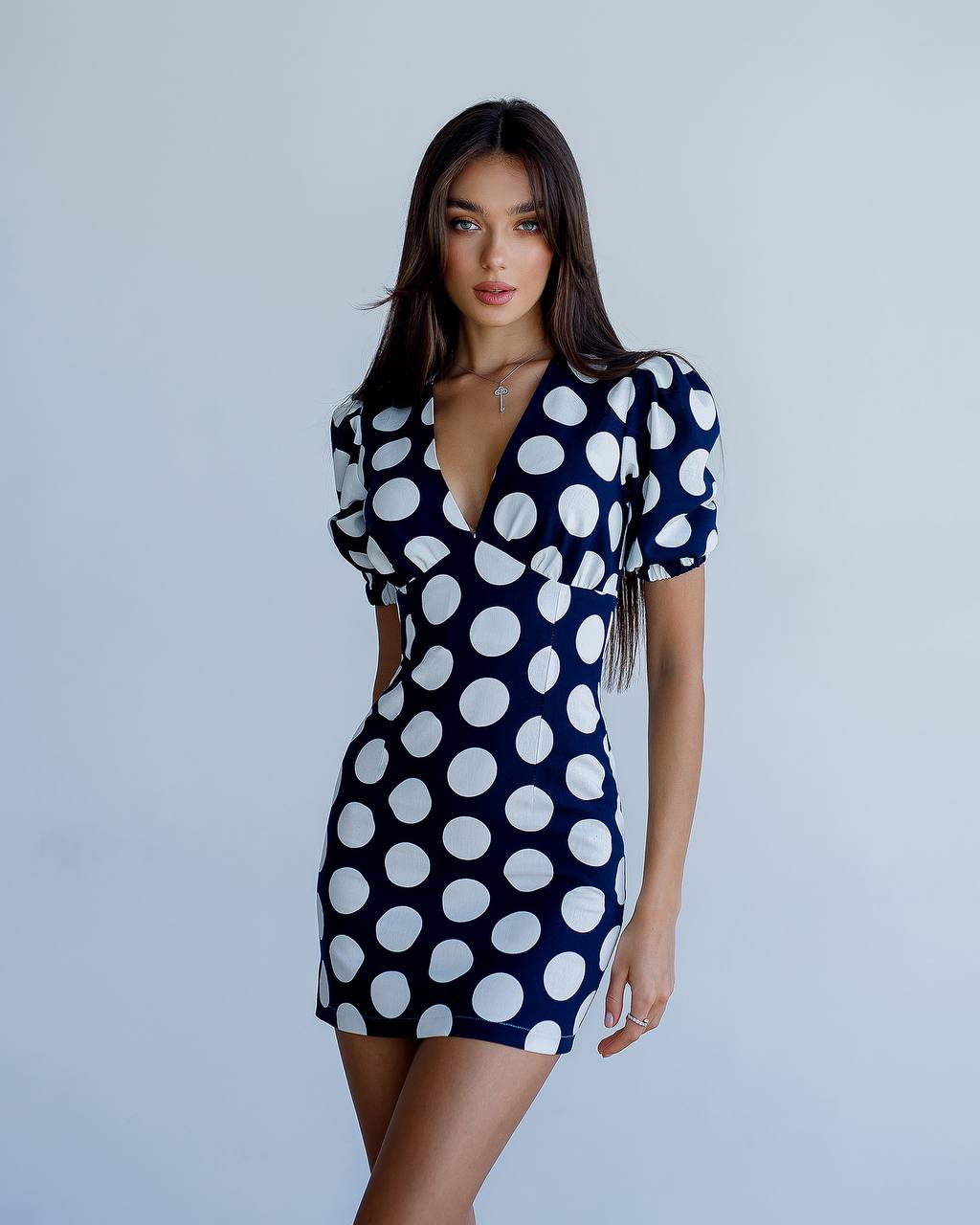 Polka Dot Printed Linen Mini Dress with Puff Sleeves