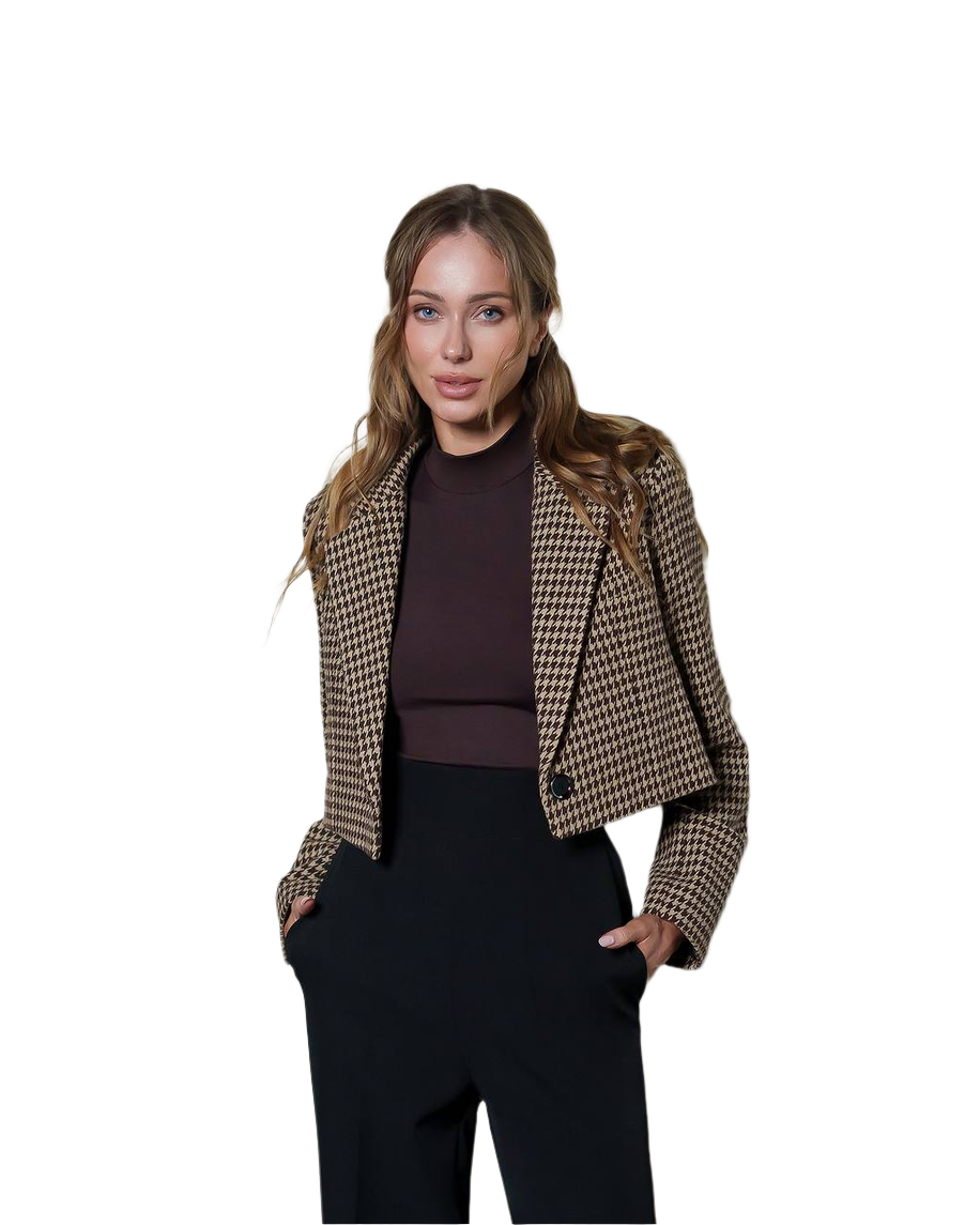 Women's Premium Houndstooth Pattern Blazer Cropped Suit Jacket