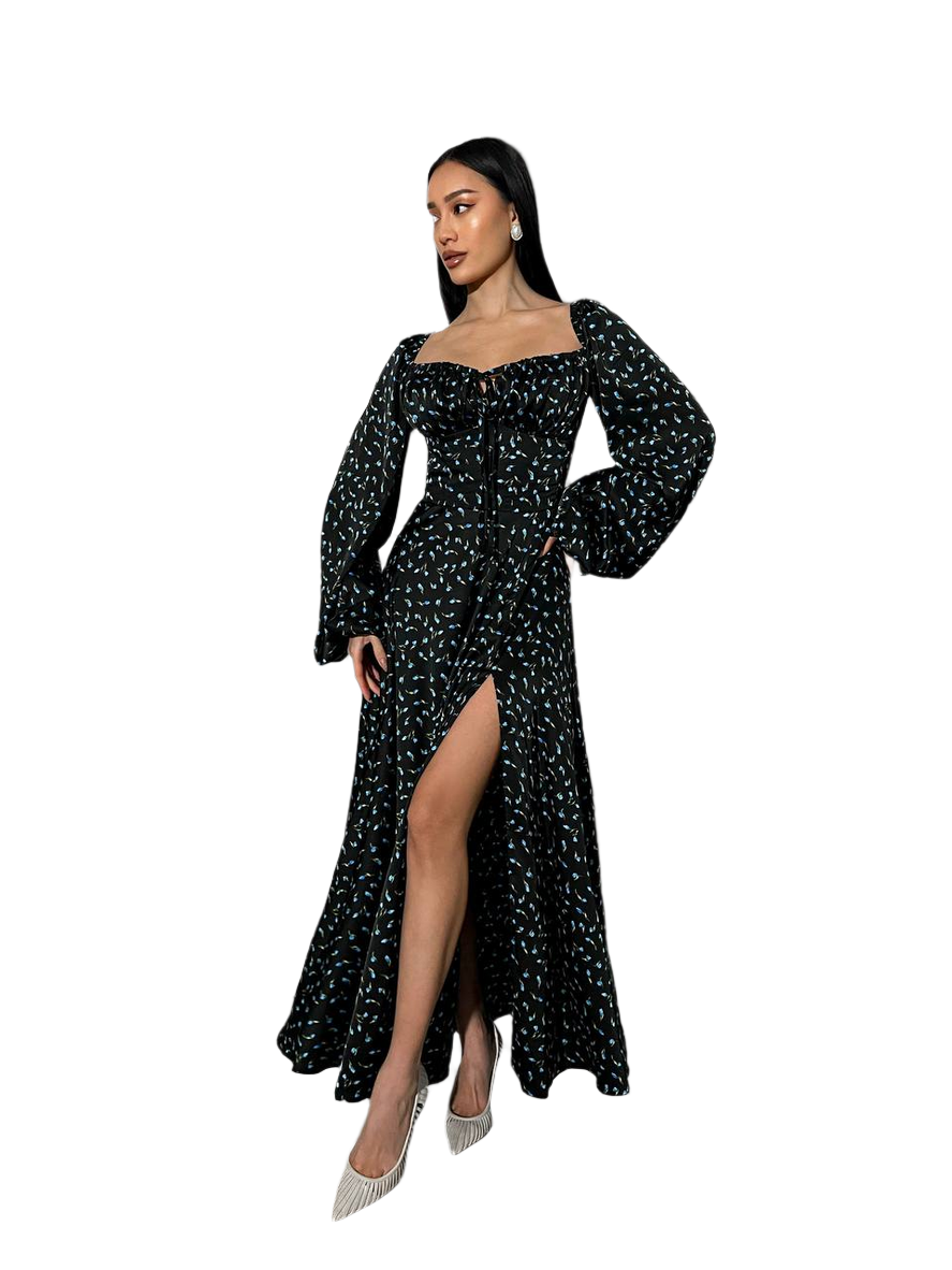 Asti Silk Maxi Dress for Women with Long Puff Sleeves and Side Slit