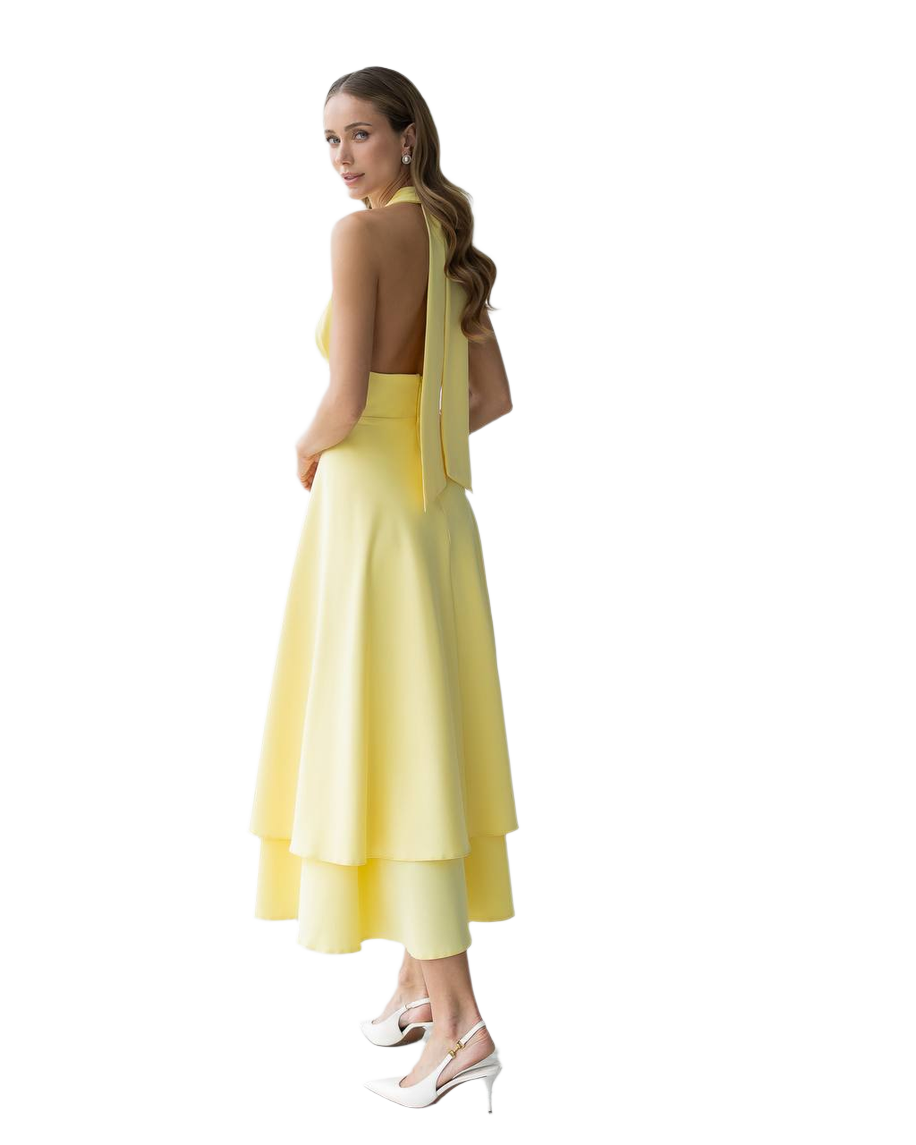 Woman wearing a yellow dress with a sheer overlay on a white background
