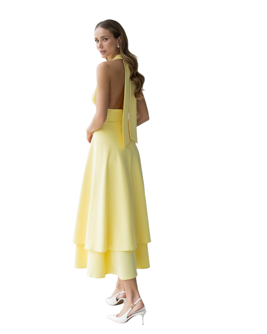 Woman wearing a yellow dress with a sheer overlay on a white background