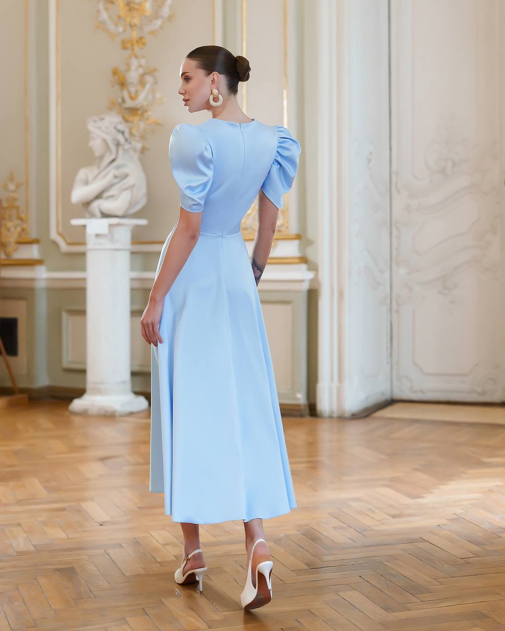 Elegant Premium Satin Puff Sleeve Midi Dress in Blue