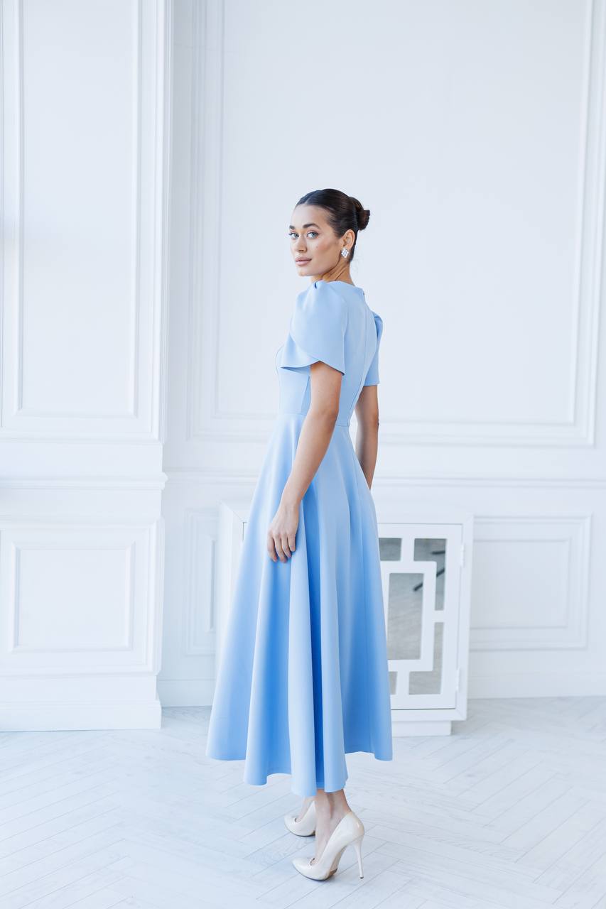 Elegant Diagonal Crepe Long Dress with Puff Sleeves for Women