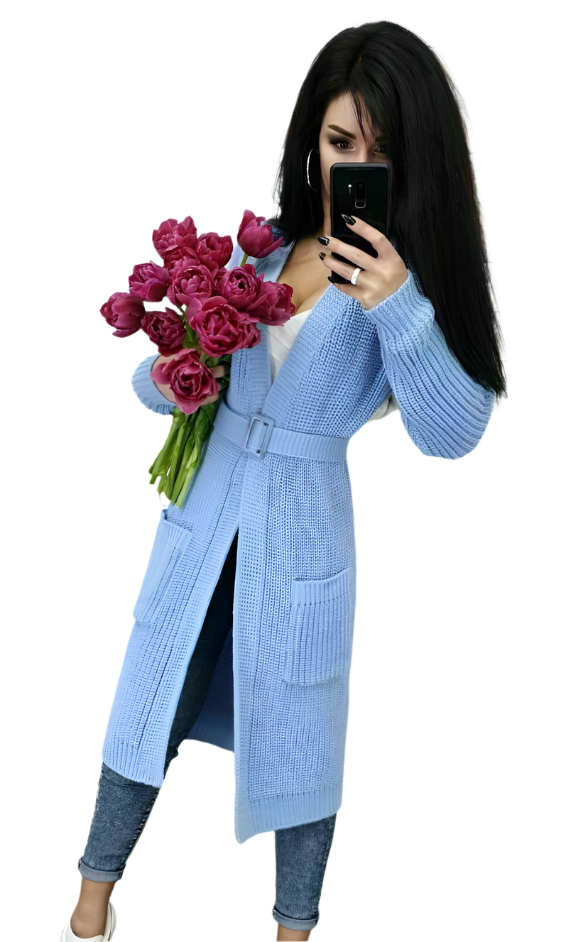 Womens Long Blue Knit Cardigan with Belt