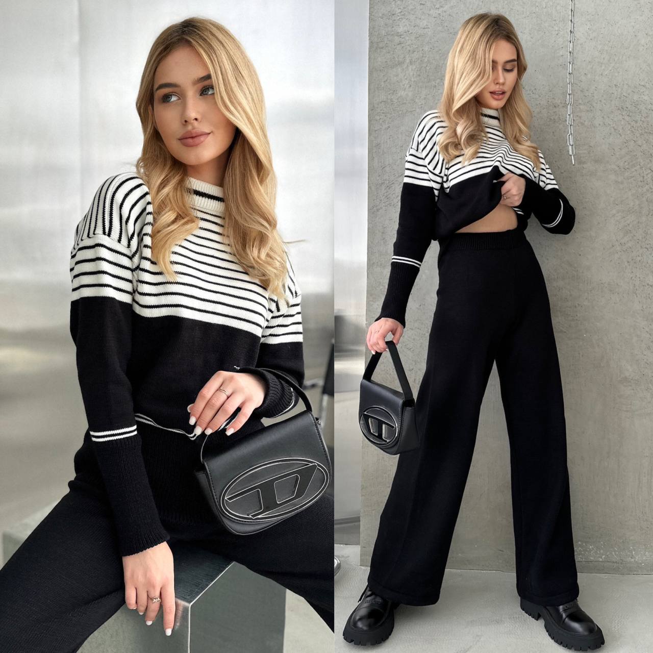Woman in black and white striped sweater and black pants holding a black handbag.